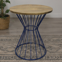 Table basse ronde moderne avec plateau en bois et structure en métal bleu, meuble de salon, table d'appoint décorative