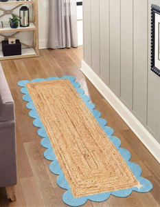 Sky Blue Scalloped Border Natural Jute Runner Handmade Braided Woven Farmhouse <b>Boho</b> Hallway Kitchen Entryway Area <b>Rug</b> Home Decor - Product Image 1