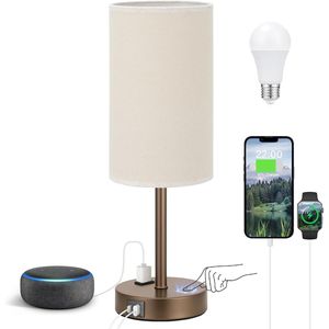 Lampada da Tavolo Beige Dimmerabile a 3 Modalità con Porta USB A+C e Presa AC, Base in Metallo Marrone Medio da 17,4 Pollici - Product Image 1