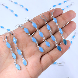 Pendientes Colgantes de Calcedonia Azul al por Mayor, Gema Natural en Forma de Marquesa, Chapados en Plata de Ley 925, Joyería de Moda Hecha a Mano - Product Image 1