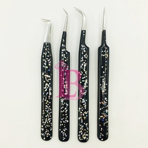 Black Color With Glitter Eyelash Tweezers Anti Slip Best Stainless Steel Lash Extension Tweezers <b>Set</b> Sustainable Mink Low MOQ - Product Image 6