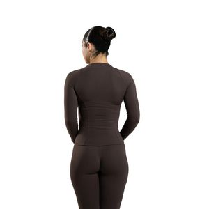 Women's Brown Full Zip Training <b>Jacket</b> with Thumb Holes Long Sleeve Stretch Gym Fitness Running Yoga <b>Workout</b> Activewear Sports - Product Image 6