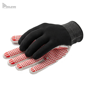 Custom Anti-Slip Leather Smooth Work <b>Gloves</b> Black <b>Knit</b> Backhand White Palm Red Grip Dots Elastic Adjustable Wristlet Heat Safety - Product Image 1