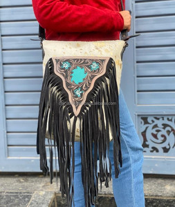 Real Handmade Vintage Boho <b>Hair</b> on Metallic Tooled Leather Fringe Handbag Western Genuine Leather Crossbody Purse <b>for</b> <b>Women's</b> - Product Image 4