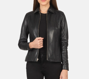 <b>Leather</b> Bomber <b>Jacket</b> Women <b>Men</b> Unisex Black Zipper Closure Solid Color Autumn Winter Wear Regular Fit Slim Style Eco-Friendly - Product Image 1