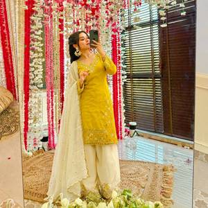 Traditional <b>Women</b> Casual H O Silk Yellow Embroidered <b>Kurta</b> Set Indian Pakistani Traditional Top And Farshi Salwar with Dupatta - Product Image 3