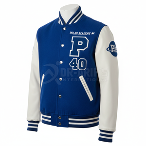 Chaqueta Varsity Azul y Blanca para Hombre, con Parches Bordados, Estilo Preppy, Corte Regular, Chaqueta Universitaria para Hombre - Product Image 2