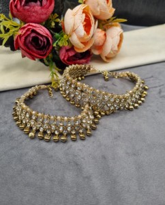 Par de tobilleras étnicas con incrustaciones de cristal, cadena ajustable para el tobillo, para mujer, joyería de boda, conjunto Payal, joyería nupcial tradicional - Product Image 2