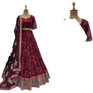 ชุดสาหรี่กะมีซเลเฮนกาโชลีแบบเย็บกึ่งสำเร็จรูป ขนเฟอร์เทียม ดีไซน์ใหม่ สำหรับงานแต่งงาน งานปาร์ตี้ ประดับเลื่อมปักลายผีเสื้อ สไตล์อินเดีย - Product Image 1