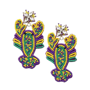 ต่างหูปักลายแก้วลูกปัดมาร์ดิกราส์แบบดั้งเดิมของรัฐลุยเซียนา ลายดาวสีเขียวม่วง ผลิตในอินเดีย สำหรับงานปาร์ตี้ - Product Image 2