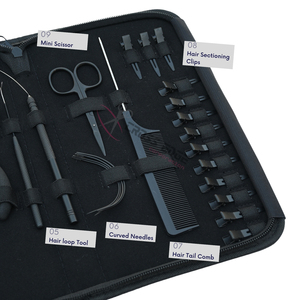 Kit d'outils pour extensions de cheveux noirs avec pinces à micro-anneaux, crochet de tirage, outil à boucle de fil, aiguilles à coudre et doigt de séparation - Product Image 4