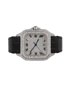 Reloj Clásico con Esfera Cuadrada Romana, Correa de Goma Negra, Diamantes Moissanite VVS, Estilo Hip Hop, Personalizado, Alta Calidad, Completamente Pavimentado, Cuarzo - Product Image 1