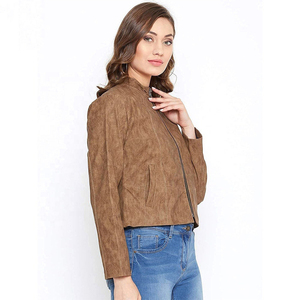 Women's Brown <b>Suede</b> Bomber <b>Jacket</b> Stand Collar Full Sleeve Zipper Closure Autumn Breathable Polyester Lining - Product Image 3