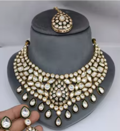 Designer Moissanite Gold Plated Brass <b>Beaded</b> Ethnic Wedding Jewelry <b>Set</b> for Women Necklace and Earring Gift - Product Image 2