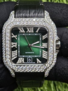 Reloj mecánico automático de lujo para hombre, caja rectangular, acero inoxidable, bisel de diamantes, esfera verde, correa de cuero, indicador de fecha - Product Image 4