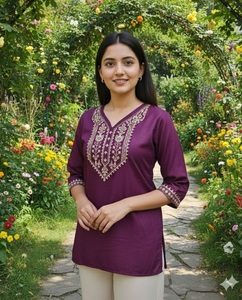 New Trendy Purple Embroidered Slub Cotton Kurtis For Women Traditional Indian Casual Wear Regular Fit Midi Length Tunicfor Women - Product Image 1