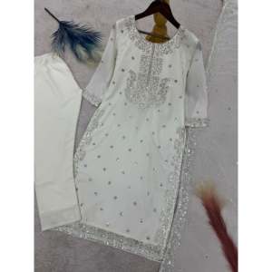 Robes de carrière blanches de créateur HK avec broderie et séquence de travail haut-bas et collection Dupatta taille L - Product Image 2