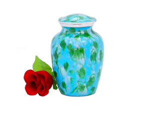 Urna Funeraria de Metal Azul Aqua de Lujo al por Mayor, Jarra Conmemorativa con Arte Abstracto Verde y Acabado Esmaltado Pulido - Product Image 1