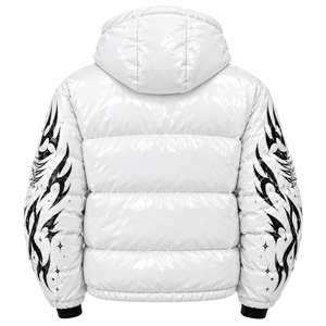 Custom Men's White Y2K Graphic Puffer <b>Jacket</b> Rhinestone Tribal Flame Design Glossy Padded Winter Outerwear Front <b>Gothic</b> - Product Image 2