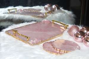 Plateau de service en résine artisanale TIMELESS CRAFT, thème quartz rose, avec bord peint en or, taille personnalisée, décoration de table - Product Image 3