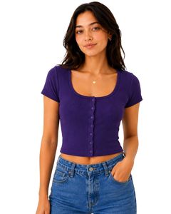 Custom Dark Purple Women Ribbed Knit <b>Crop</b> <b>Top</b> Short Sleeve Button Front Slim Fit Square Neck Casual Summer Cotton T Shirt Blouse - Product Image 1