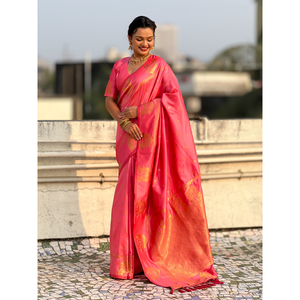 <b>Baby</b> Pink Soft Silk Traditional Zari Woven Saree Elegant Traditional Scarf & <b>Shawl</b> - Product Image 1