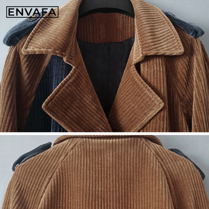 Chaquetas Cortavientos Personalizadas con Combinación de Colores y Rayas de Terciopelo, Gabardina Delgada por Encima de la Rodilla para Mujer, Nuevo Estilo Otoñal, OEM ODM - Product Image 3