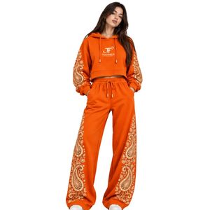 Bright Orange Women Paisley Print Crop Hoodie Wide Leg Pants Two Piece Tracksuit Trendy Streetwear Loose Fit <b>Jogger</b> <b>Matching</b> <b>Set</b> - Product Image 1