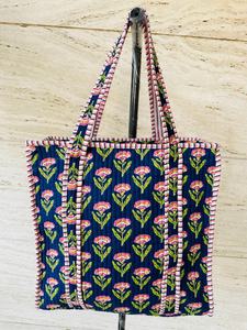Bohemian Quilted Cotton Tote <b>Bag</b> <b>Navy</b> Floral Print Open Top Shoulder Handbag Lightweight Cotton Tote Vintage Floral Tote <b>Bag</b> - Product Image 6