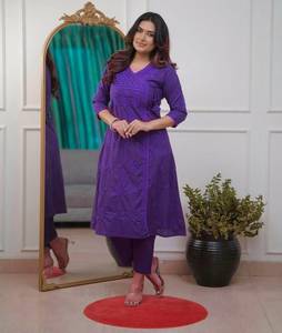 Women's Purple Cotton <b>Chikankari</b> Embroidery A-Line Kurti with Pant Regular Fit Knee Length Casual Wear <b>Suit</b> Set - Product Image 3