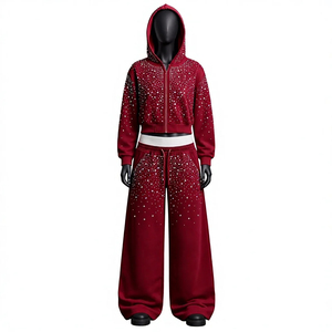 Conjunto Deportivo de Dos Piezas para Mujer con Pedrería Turquesa, Chaqueta Corta con Capucha y Cierre, y Pantalones Deportivos Anchos para un Look Moderno - Product Image 2