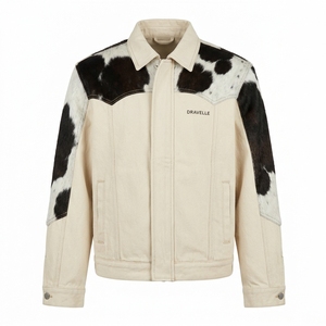 Veste en jean crème pour homme avec patchwork en cuir de vachette, coupe classique, manteau décontracté d'hiver - Product Image 1