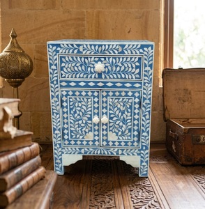 Natural Crafts <b>Blue</b> Bone Inlay <b>Bedside</b> <b>Table</b> Handmade Floral Cabinet Side Chest for Living Room Bedroom - Product Image 1
