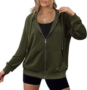 Sudadera con capucha informal cómoda de algodón 100% para mujer, de manga larga, cuello redondo, hombros caídos, color liso, con cremallera, al mejor precio al por mayor - Product Image 1