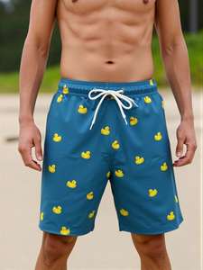 Bañador azul con estampado de pato de dibujos animados para hombre, con cordón en la cintura y bolsillos, pantalones cortos de playa de secado rápido - Product Image 4