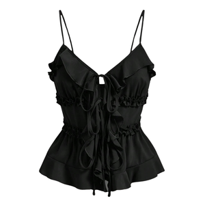Top Camisero Negro con Volantes para Mujer, sin Mangas, Tirantes Finos, con Lazo Delantero, Estilo Peplum, Casual, Verano, Ajustado, Transpirable - Product Image 3