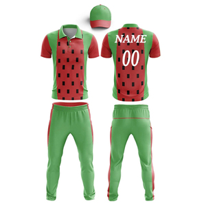 Ensemble d'uniformes de cricket personnalisés pour hommes, chemise à pois rouges et jaunes, pantalon de survêtement respirant 100% polyester, séchage rapide, protection UV, sport - Product Image 4
