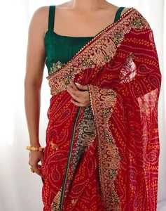 Soft Georgette Bandhani Print Saree Embroidery Work Banglori <b>Satin</b> <b>Blouse</b> Women Quick Dry Modern Festive Wedding Sarees - Product Image 2