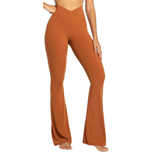 Wholesale Quick Dry Crossover Waist Workout <b>Flare</b> Pants Compression 4-Way Stretch Yoga <b>Leggings</b> Women Slim Fit Sports Trousers - Product Image 1