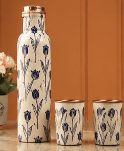 Juego de Botella y Taza de Agua de Cobre con Diseño de Tulipanes Azules, Botella de Cobre con Estampado Floral de Lujo con Vasos a Juego, Diseño Artesanal - Product Image 5