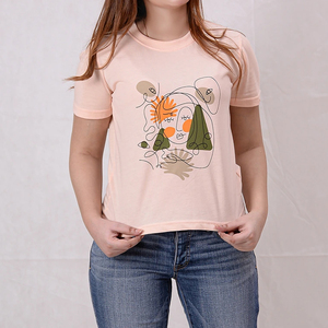 เสื้อยืดพิมพ์ลายศิลปะนามธรรมสำหรับผู้หญิง สไตล์ลำลอง คอกลม แขนสั้น ผ้าฝ้าย 100% สำหรับฤดูใบไม้ผลิและฤดูร้อน รับผลิตตามแบบ OEM - Product Image 5