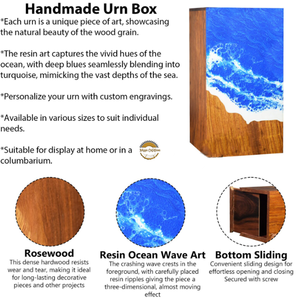 Urne funéraire artisanale en résine et bois motif vague océanique bleue, pour cendres, par AYAANS - Product Image 3
