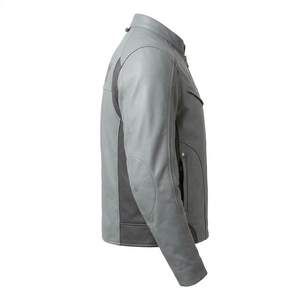 Factory Mens Slate Grey Leather <b>Cafe</b> <b>Racer</b> <b>Jacket</b> Chest Zip Pocket Contrast Side Panel Racing Sleeve Custom OEM Supplier - Product Image 3