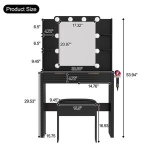 Toeletta da Trucco con Lampadine Hollywood e Stazione di Ricarica, Tavolo da Toeletta Scanalato con 2 Cassetti, 4 Ripiani Aperti e Spazio per Asciugacapelli - Product Image 5