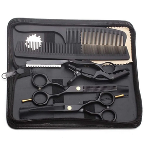 Kit de coiffure professionnel pour barbier, rasoir droit, ciseaux à effiler, ciseaux de coupe, peigne, ensemble en acier inoxydable noir. - Product Image 1