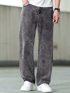 Jeans vintage gris délavé à l'acide pour homme, coupe large |   Décontracté et ample |   Pantalon décontracté à jambe droite, uni, écologique, en spandex/coton, séchage rapide - Product Image 3