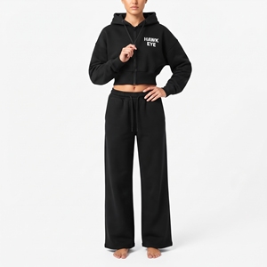 Ensemble sweat à capuche court noir et pantalon de jogging large pour femme, manches longues, 100 % coton molletonné, coupe décontractée - Product Image 3