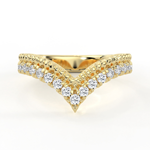 Bague en or massif avec diamant de laboratoire, double couche, motif chevron en V, pavé micro-serti, bande de protection incurvée, bijou - Product Image 2