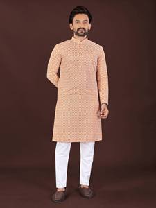 Kurta vert Lucknavi Chikankari pour homme avec pyjama en coton blanc, coupe régulière, longueur cheville, tenue traditionnelle pour toutes les saisons - Product Image 2