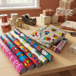Rouleaux de papier cadeau double face Joyeux Anniversaire avec motifs cupcakes, étoiles et train, papier artistique pour cadeaux et loisirs créatifs - Product Image 1